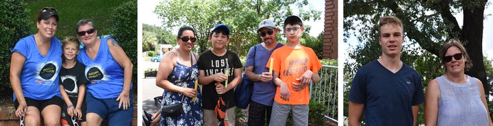 Left: Janice Izzo and her son (both at left) came to occupy totality from the Philadelphia area with their friend Marianne Brotscul of Murrells Inlet. Center: The Rosales family, Yaudith, Derek, Julio and Matthew, originally from Mexico City, came to Georgetown from the Washington, DC area. Right: Cornelia Brauer and her son Linus Brauer, traveled from Stuttgart, Germany to view the eclipse by way of a road trip through Florida.