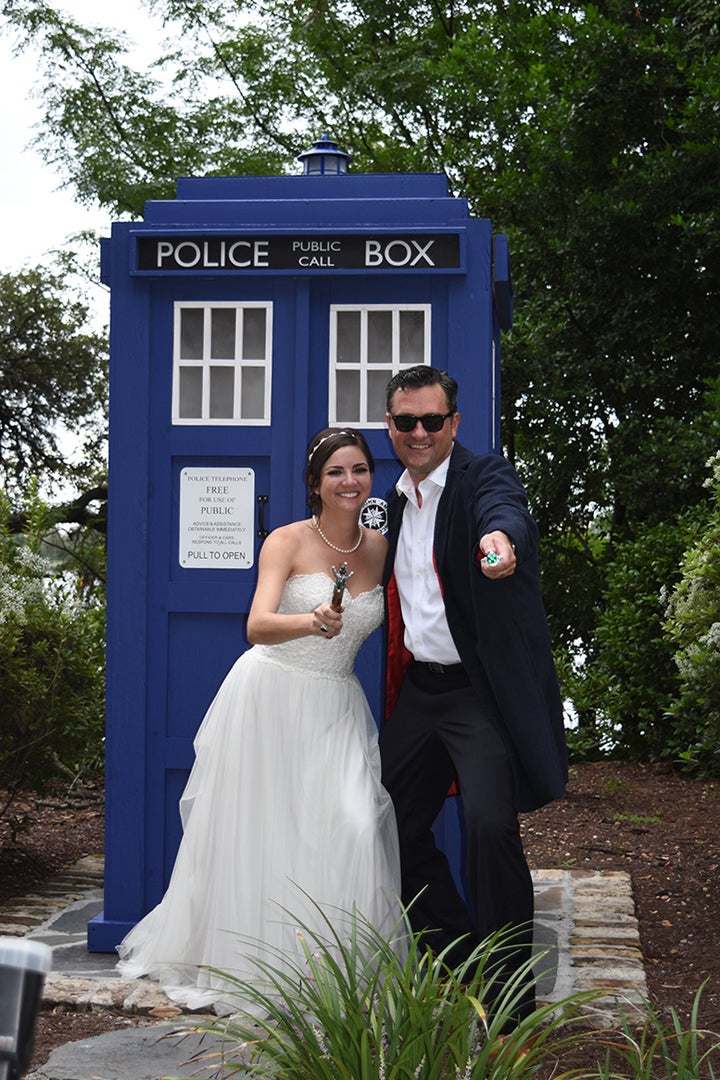 Kelly Turek and Chris Dutton brought their Tardis (compliments of Chuck Carte and Carolina Tardis) and sonic screwdrivers for their eclipse wedding at Kaminski House. 