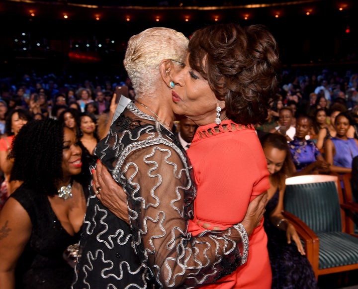 Dionne Warwick and Maxine Waters embrace during Black Girls Rock! 2017.