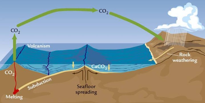 Weathering removes CO2 from the atmosphere and delivers it to the ocean, where it combines with calcium to form limestone. Limestone is drawn under the Earth’s crust by the movement of tectonic plates. CO2 is then separated from limestone and ejected into the atmosphere through volcanic eruptions.