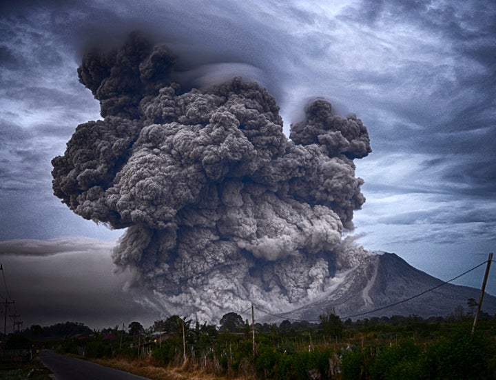 <p>Volcanoes eject carbon dioxide into the atmosphere. </p>