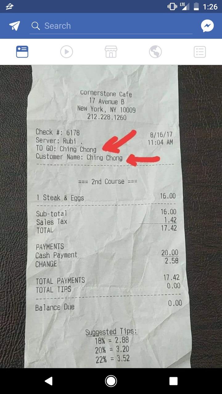 The restaurant receipt was posted on Facebook after the customer showed it to her daughter.