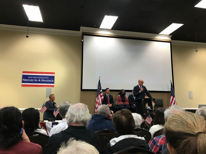 <p>Needles in a Haystack Forum for Democratic Candidates for Georgia’s 6th District in Roswell, Georgia, 2017. L to R. Jon Ossoff, Ragan Edwards, Ron Slotin (partially obscured), Richard Keatley, Rebecca Quigg (partially obscured). </p>