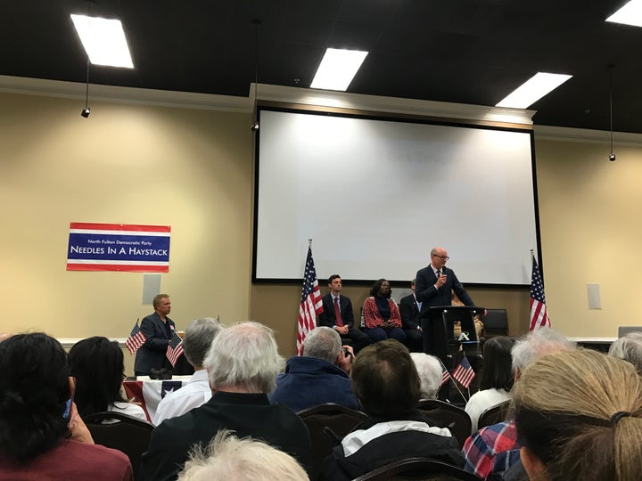 Needles in a Haystack Forum for Democratic Candidates for Georgia’s 6th District in Roswell, Georgia, 2017. L to R. Jon Ossoff, Ragan Edwards, Ron Slotin (partially obscured), Richard Keatley, Rebecca Quigg (partially obscured). 