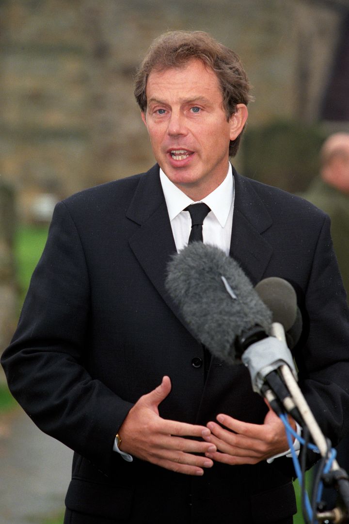 Prime Minister Tony Blair addresses the nation from his home village at Trimdon near Newcastle following the news of the death of Diana