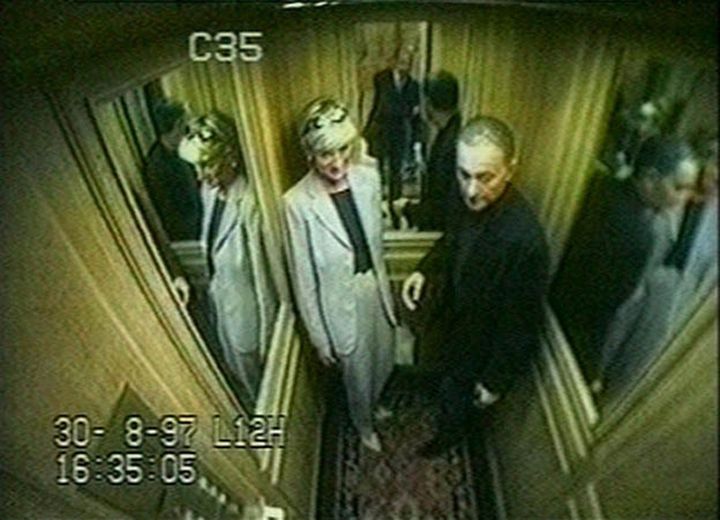 Princess Diana and Harrods-heir Dodi Fayed in a lift in the Paris Ritz, hours before both were killed in a high-speed car chase