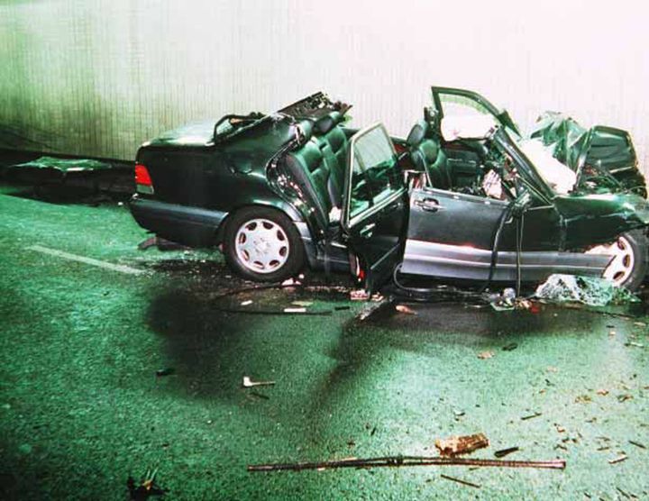 The wrecked Mercedes which crashed in the Pont de l'Alma tunnel, killing Dodi Fayed and chauffeur Henri Paul, and fatally injuring Diana. Her bodyguard Trevor Rees-Jones was the only one to survive 