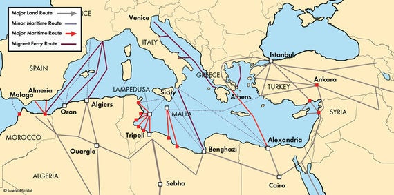 A map showing the Mediterranean migrant routes from Africa and the Middle East into Europe