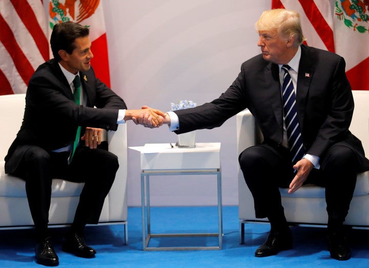 Trump shakes hands with Mexico's President Enrique Pena Nieto during a bilateral meeting at the G-20 summit in Hamburg, Germany, in July.