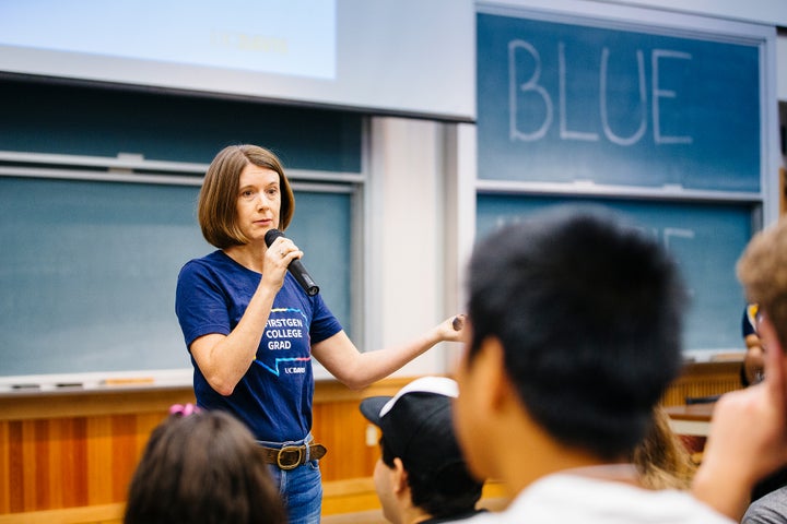 Vice Provost of Undergraduate Education Carolyn Thomas, a first-generation graduate, talks to students during orientation at UC Davis.