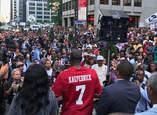 Protestors at NFL Headquarters in support of Colin Kaepernick 