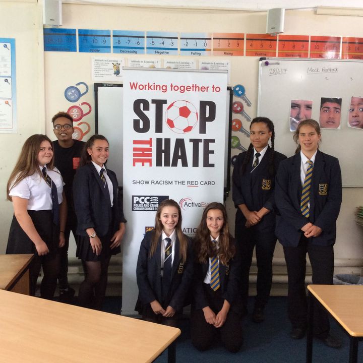 Students at Manningtree High School with a Show Racism The Red Card educator.Back row: Millie Tilstone, 13, Shona from Show Racism The Red Card, Crystal Watts, 14, Lauren Baker, 14, and Louisa Rice, 14.Front row: Alicia Templeman, 14, and Aliyah Soames 14.