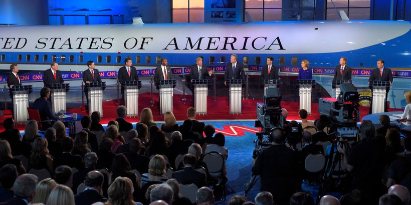 The design of the Republican primary debates prevented candidate Trump from physically intimidating his opponents and thus he