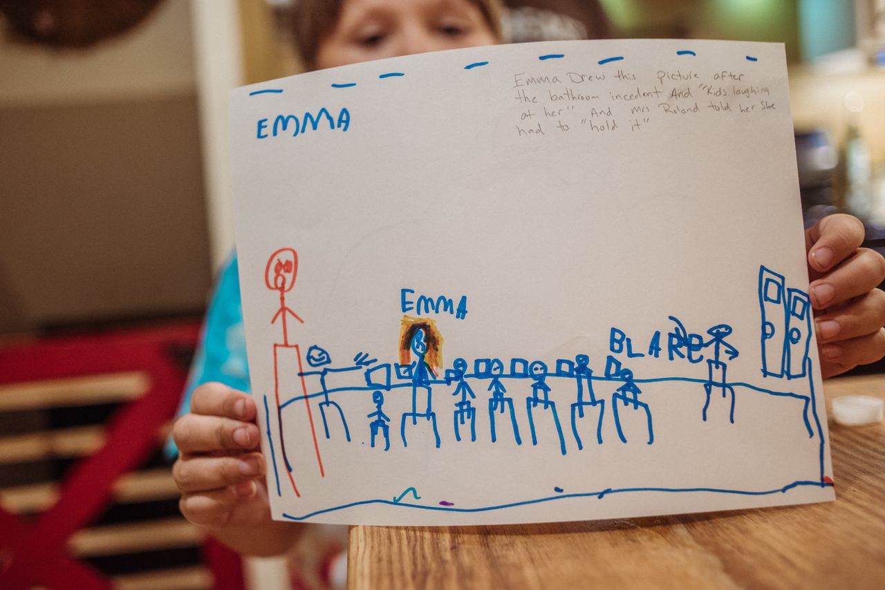 A drawing of the lunchroom bathroom incident that Emma drew in therapy.