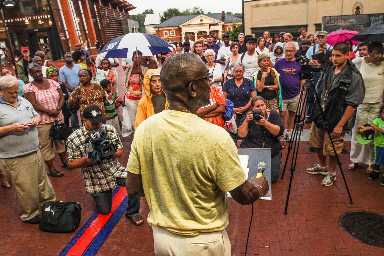 Dr. Rick Turner, former president of the Albemarle-Charlottesville chapter of the NAACP, addresses the crowd at a rally in remembrance of Trayvon Martin in July 2013.