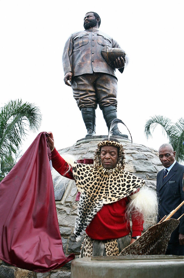 Zulu King Goodwill Zwelithini ka Bhekuzulu at the statue of his great uncle, Zulu King Dinuzulu, in Durban, South Africa, on Sept. 20, 2008.