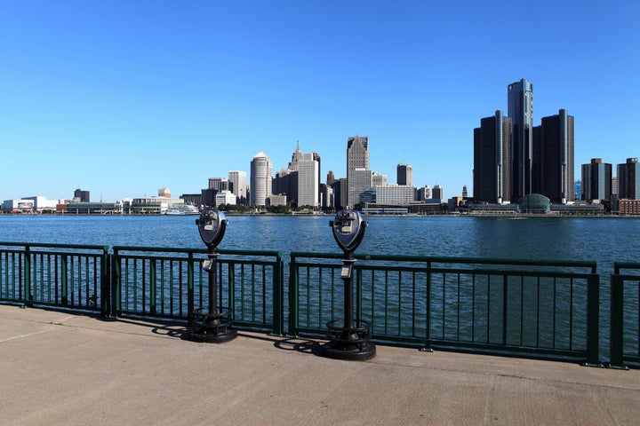 The Detroit, Michigan, skyline as photographed from the Windsor riverfront.