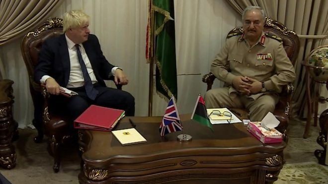 Boris Johnson with Libyan Field Marshal Khalifa Haftar, who heads its army.