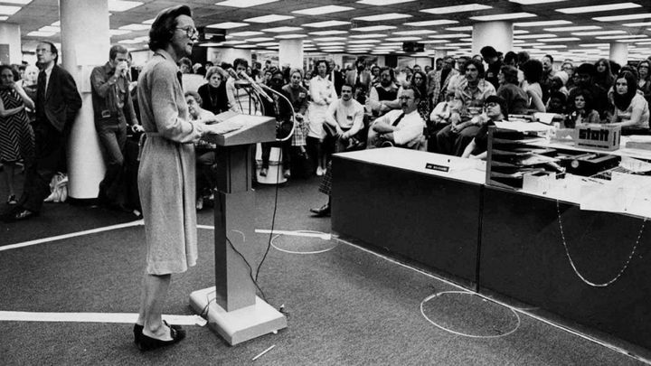 Katharine Graham addresses the Post newsroom during the pressmen’s strike.