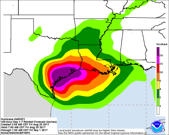 Hurricane Harvey was expected to drop more than 20 inches of rain in some areas of Texas.