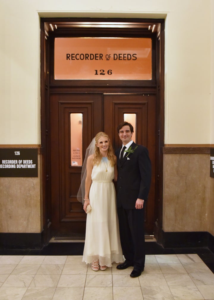 The bride wore a handmade dress by a designer they met during a trip to Seattle, while the groom wore his favorite suit.