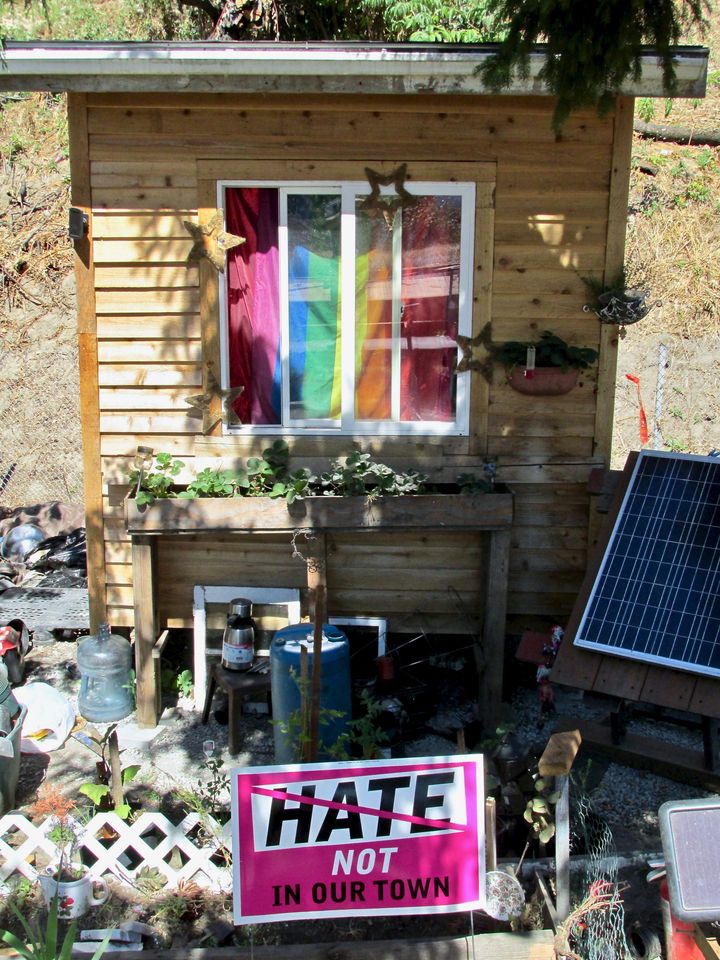 A home in a houseless community communicating anti-hate during the Charlottesville events.