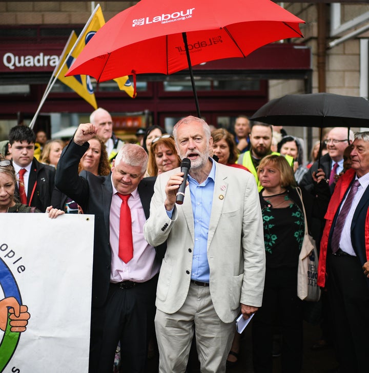 Labour leader Jeremy Corby addresses a public rally at the Quadrant shopping centre in Coatbridge