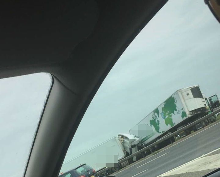 Two lorries at the scene of the incident on the M1