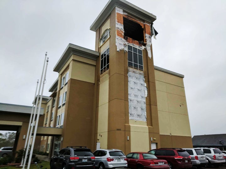 Damage to the outside of a La Quinta Inn in Victoria. 