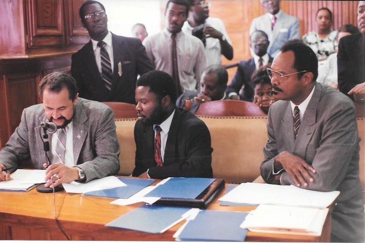 <p>Senators Bernard Sansaricq, Amos Andre, and Thomas Eddie Dupiton (left to right) (circa 1990)</p>