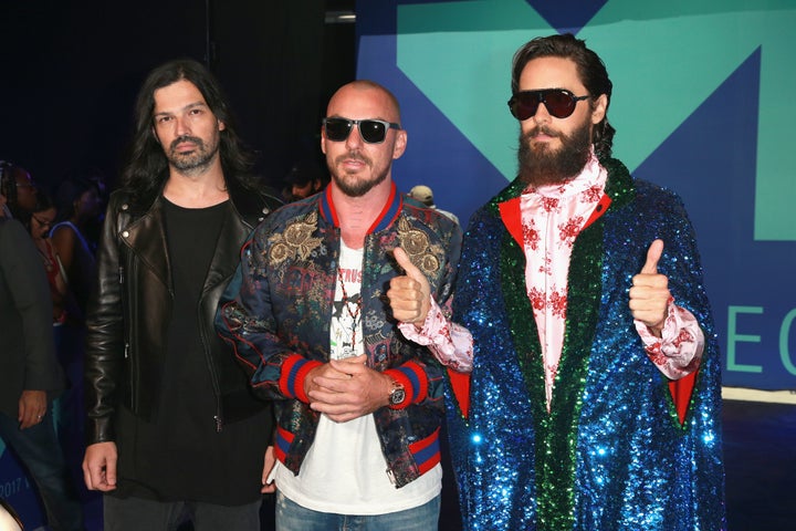 Tomo Milicevic, Shannon Leto and Jared Leto of music group Thirty Seconds to Mars attend the 2017 MTV Video Music Awards on Sunday night.