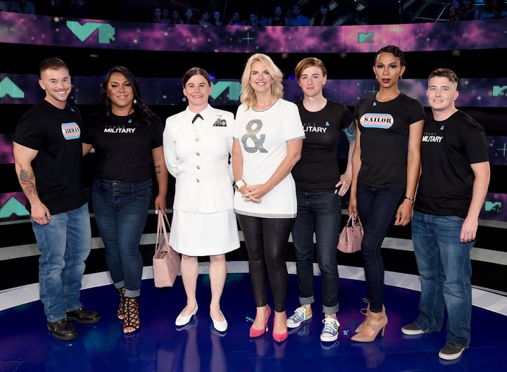 President of GLAAD Sarah Kate Ellis, center, with transgender members of the military at the VMAs: Sterling James Crutcher, Laila Ireland, Brynn Tannehill, Jennifer Peace, Akira Wyatt and Logan B. Ireland.