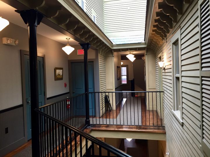 The interior hallways of Porches Inn at Mass MOCA are whimsically designed to look like an exterior.