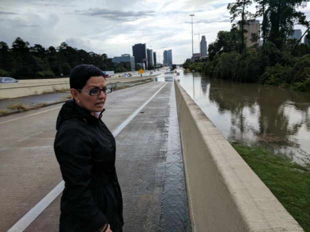 Rosanna Moreno looks over the flooded Buffalo Bayou on Interstate 610.