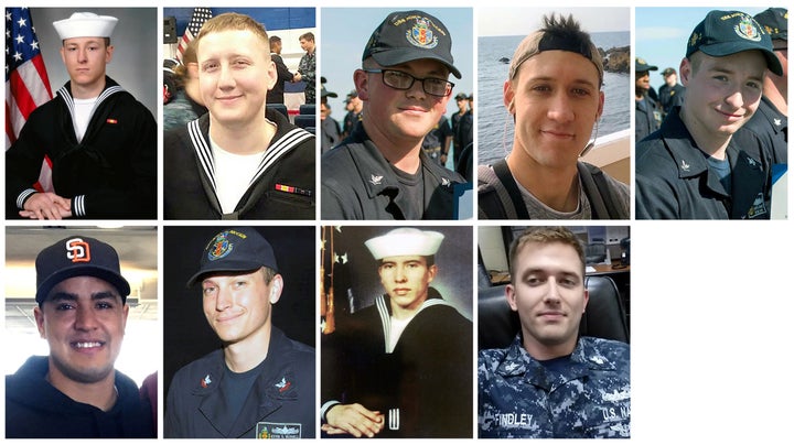 A combination photo showing (from L to R, top) Electronics Technician 3rd Class Kenneth Aaron Smith, Interior Communications Electrician 3rd Class Logan Stephen Palmer, Electronics Technician 3rd Class John Henry Hoagland III, Electronics Technician 3rd Class Dustin Louis Doyon, Electronics Technician 3rd Class Jacob Daniel Drake, (from L to R, bottom) Information Systems Technician 2nd Class Timothy Thomas Eckles Jr., Electronics Technician 2nd Class Kevin Sayer Bushell, Interior Communications Electrician 1st Class Abraham Lopez and Electronics Technician 1st Class Charles Nathan Findley. The remains of these sailors were retrieved from the USS John S. McCain after it collided with a merchant vessel in waters near Singapore and Malaysia on August 21.