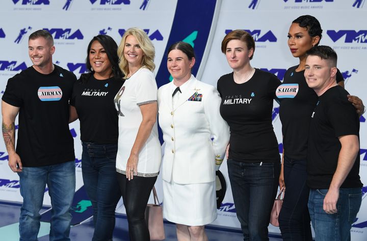 President of GLAAD Sarah Kate Ellis and transgender military members attend the 2017 MTV Video Music Awards