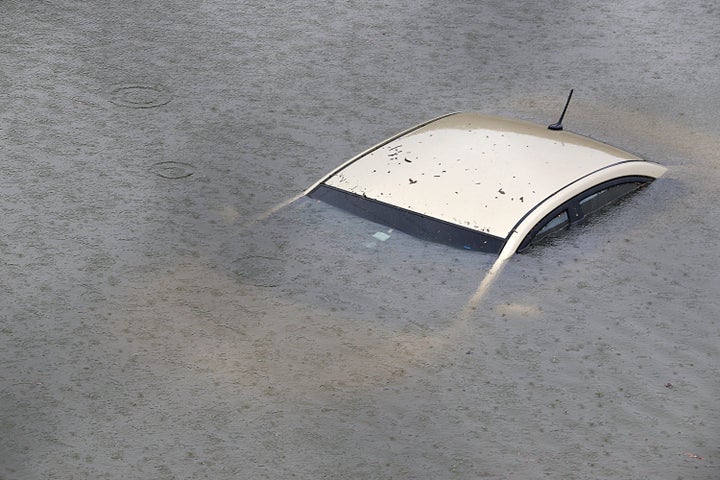 A submerged car is seen on Interstate 610 North on Aug. 27 in Houston as the city battles with tropical storm Harvey and the resulting floods.