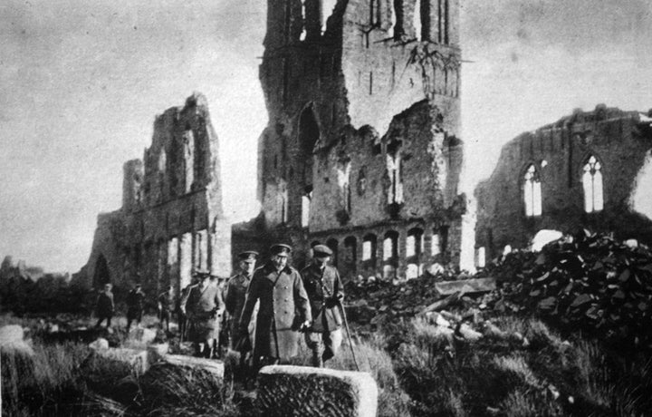 King George V in the ruins of Ypres, Belgium, in an undated photo.