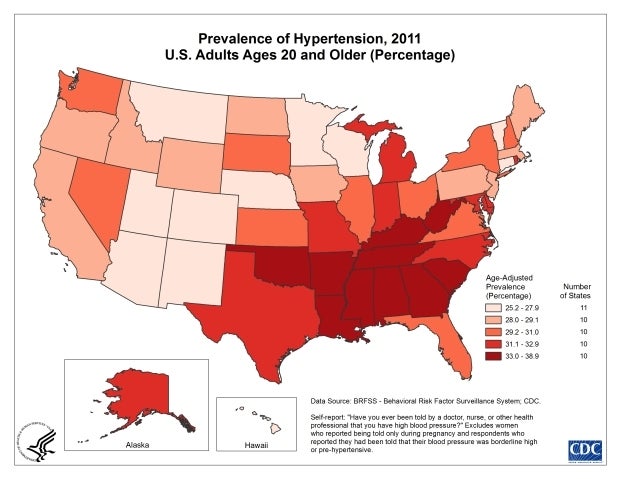 Geographical view of US population with self-reported hypertension according to data from 2011.