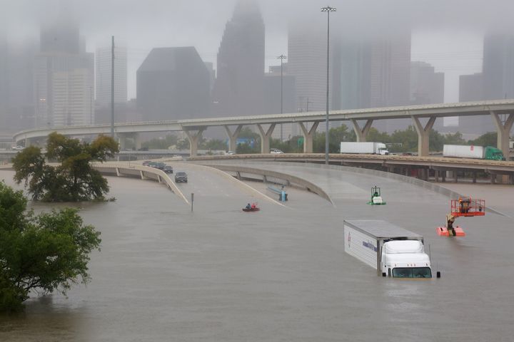 Interstate 45 near downtown Houston is submerged Sunday after a downpour from Harvey.