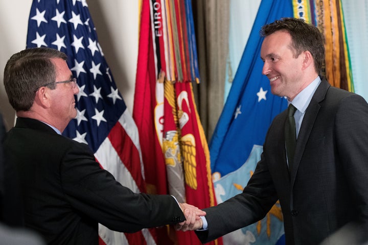 On May 18, 2016, Eric Fanning (right) was sworn in as the secretary of the Army by Defense Secretary Ash Carter. 