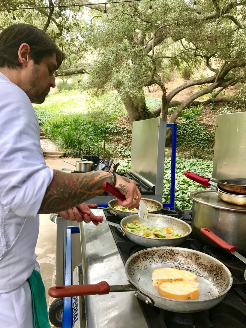 Chef Ludo Lefebvre cooking outside at the <a rel="nofollow" href="https://goldendoor.com/" target="_blank">Golden Door</a>.