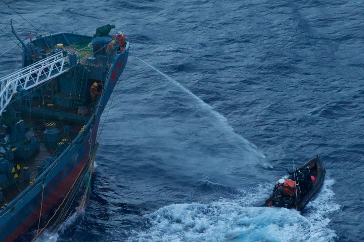 <strong>A water canon is sprayed from a Japanese whaling ship towards a small Sea Shepherd boat, about 480 km north of Mawson Peninsula off the coast of Antarctica, in this handout picture released on January 18, 2012.</strong>