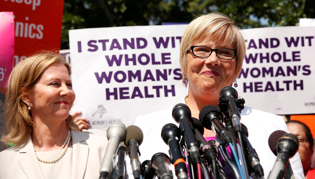 Amy Hagstrom Miller, president and CEO of Whole Woman's Health, speaks outside the U.S. Supreme Court after the court handed a victory to abortion rights advocates.