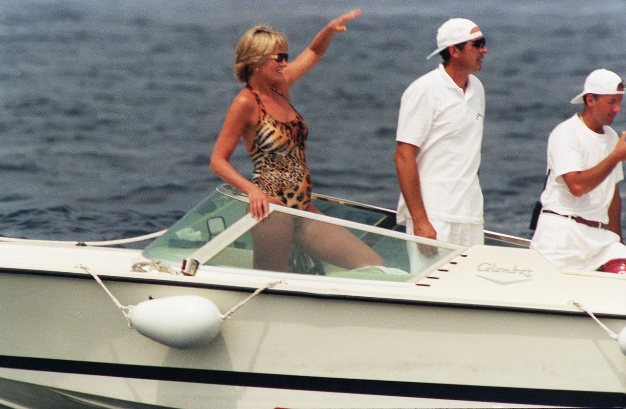 The Princess of Wales in a boat off the coast of the south of France in July 1997, shortly before her death.