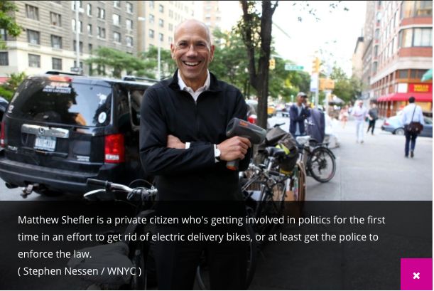 <p>An Upper West Side resident, armed with a radar gun, takes on e-bikes and is praised by NPR/WNYC</p>