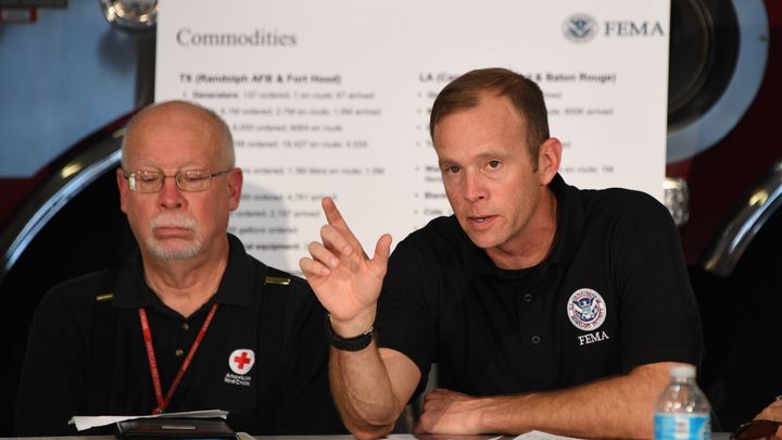 FEMA Administrator Brock Long speaks Tuesday at a firehouse briefing on Hurricane Harvey in Corpus Christi, Texas.