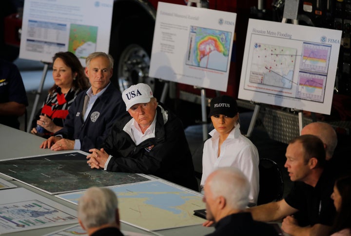 The president and first lady receive a briefing on Tropical Storm Harvey relief efforts with Texas Gov. Greg Abbott in Corpus Christi.