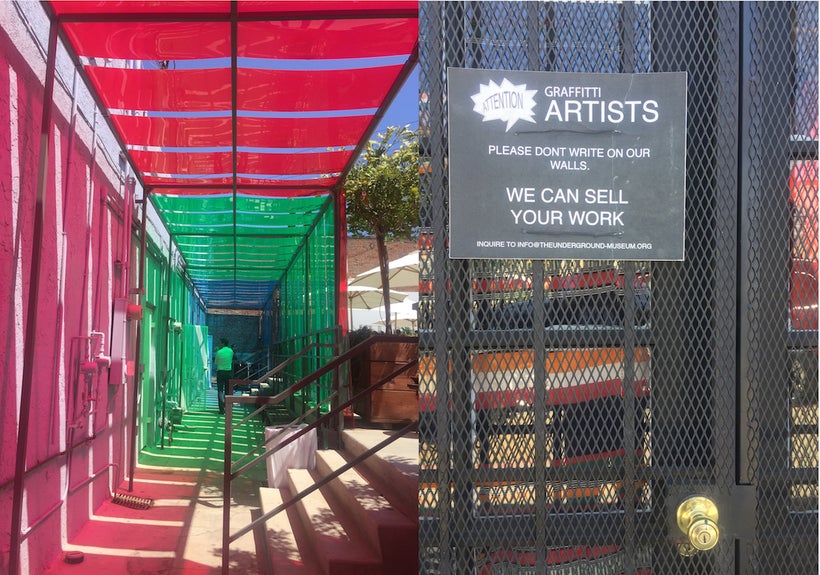 L: Diana Thater, <em>RGB Windows for MOCA adapted for The Underground Museum</em>. R: A sign on the exterior façade of The Un