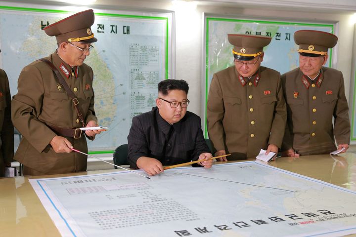 North Korean leader Kim Jong Un visits the Command of the Strategic Force of the Korean People's Army in this undated handout photo